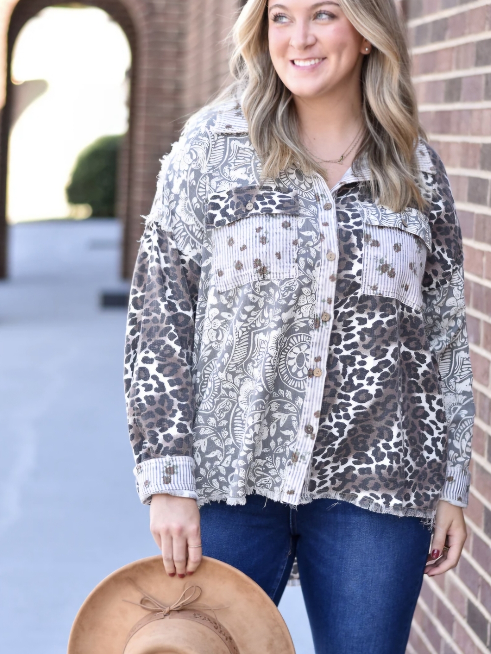 Oli & Hali Washed Oversize Mixed-Print Jean Jacket Xl